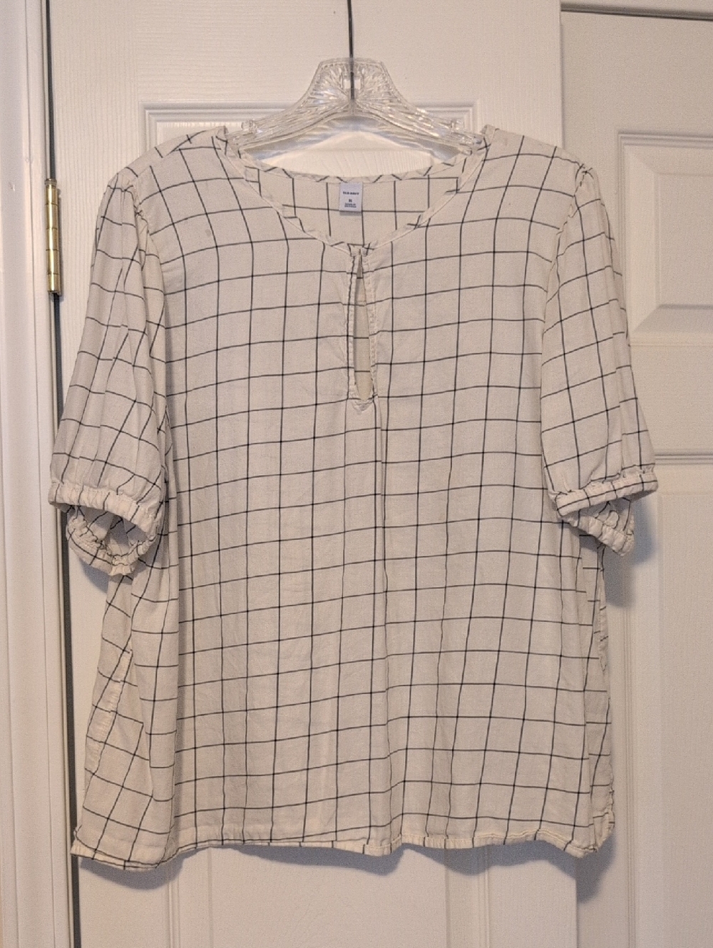 Old Navy Cream Blouse with Black Windowpane Grid